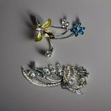 Vintage Floral Motif Rhinestone and Floral Pin Brooch 2 pieces