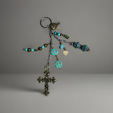 VINTAGE CROSS JADE AND PATINA CHARM KEYCHAIN